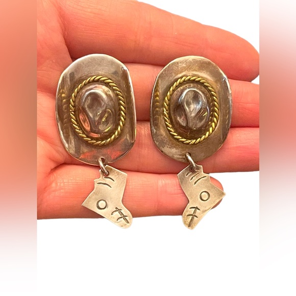 Vintage Southwestern Cowboy hat boot Mexico 925 dangle chunky earrings - Picture 2 of 8